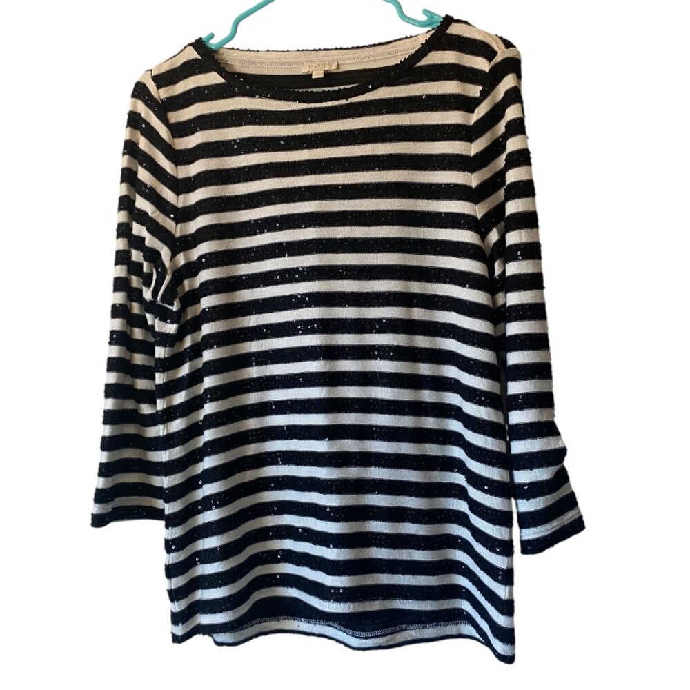 Talbots Petite LP Black White Striped Sequin‎ 3/4 Sleeve Knit Top Tunic